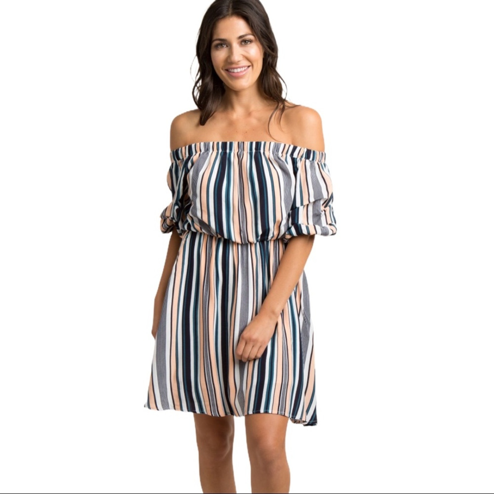 Peach Love Striped Off The Shoulder Dress Small